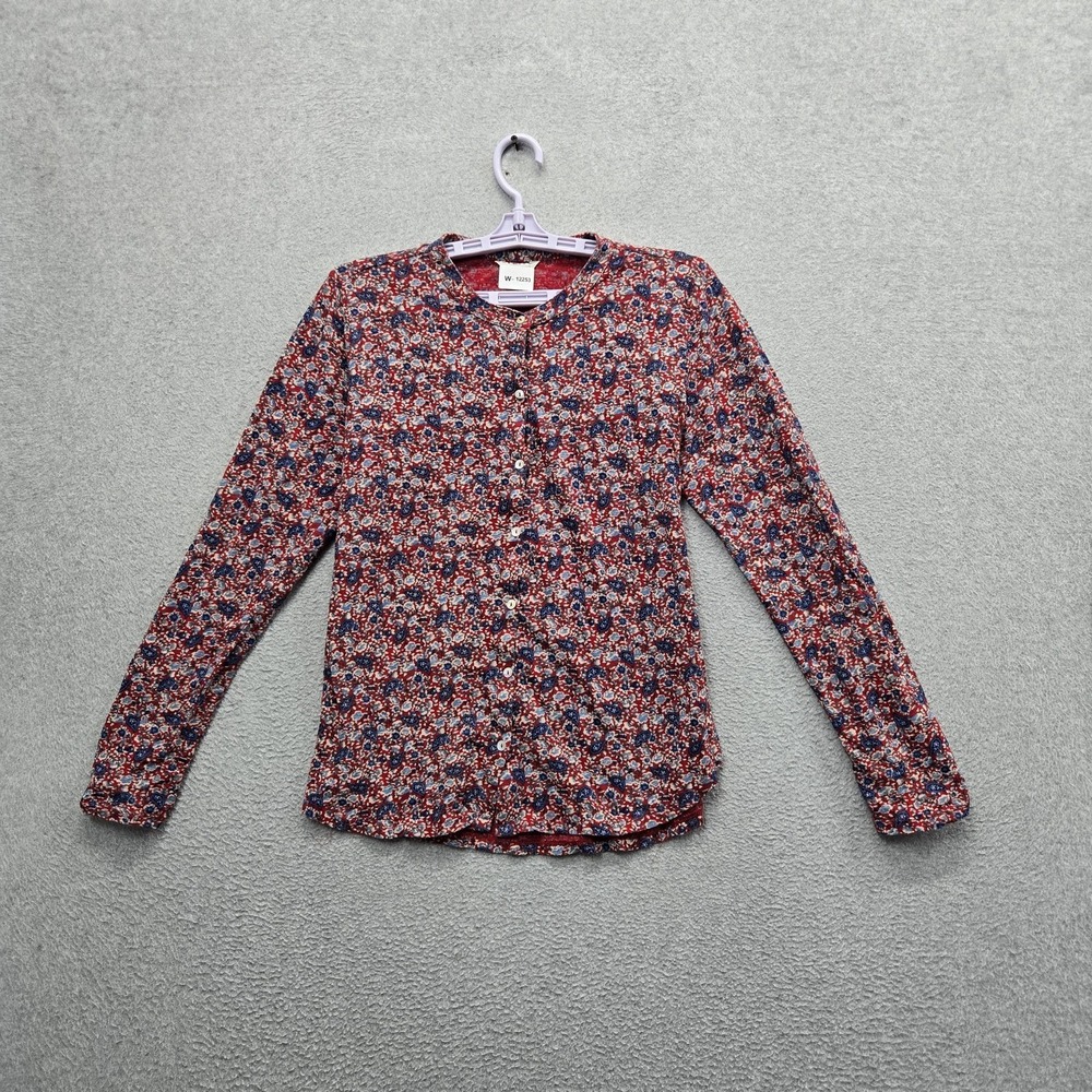 Lucky Brand Women Button Up Shirt M Red Floral V-Neck Front Office Artsy